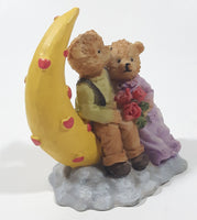 1990s Teddy Bear Couple Sitting On Crescent Moon 3 3/8" Tall Resin Figurine