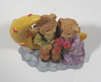 1990s Teddy Bear Couple Sitting On Crescent Moon 3 3/8" Tall Resin Figurine