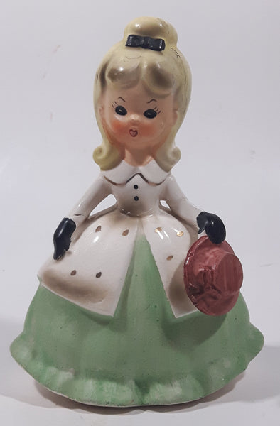 Vintage Victorian Southern Belle Girl in Green Dress White Jacket Holding Red Hat Wearing Black Gloves 5 1/2" Tall Ceramic  Figurine Made in Japan