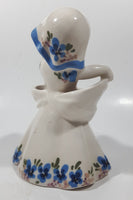 Vintage 1940s Delee Nina Art Pottery Girl In White Dress with Blue Flower 7" Tall Ceramic Tooth or Makeup Brush Holder Figurine