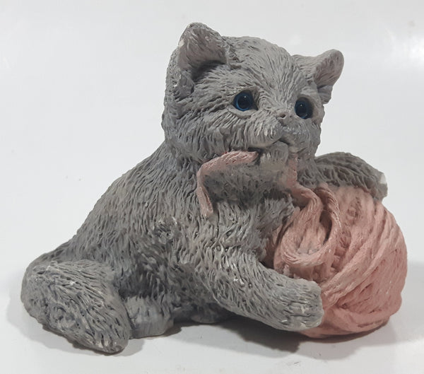 Vintage 1988 UDC Stone Critters Grey Cat Playing with Pink Yarn Ball  4" Wide Resin Figurine