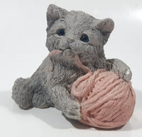 Vintage 1988 UDC Stone Critters Grey Cat Playing with Pink Yarn Ball  4" Wide Resin Figurine