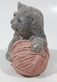 Vintage 1988 UDC Stone Critters Grey Cat Playing with Pink Yarn Ball  4" Wide Resin Figurine