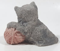 Vintage 1988 UDC Stone Critters Grey Cat Playing with Pink Yarn Ball  4" Wide Resin Figurine