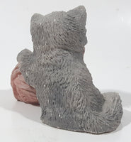 Vintage 1988 UDC Stone Critters Grey Cat Playing with Pink Yarn Ball  4" Wide Resin Figurine