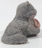 Vintage 1988 UDC Stone Critters Grey Cat Playing with Pink Yarn Ball  4" Wide Resin Figurine