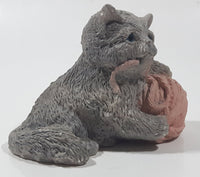 Vintage 1988 UDC Stone Critters Grey Cat Playing with Pink Yarn Ball  4" Wide Resin Figurine