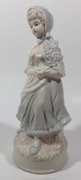 Vintage Sabre Fine Gifts Light Blue and Cream Woman in Bonnet Holding Flowers 8" Tall Ceramic Figurine