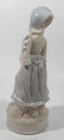 Vintage Sabre Fine Gifts Light Blue and Cream Woman in Bonnet Holding Flowers 8" Tall Ceramic Figurine