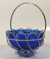 Vintage Cobalt Blue Glass Bowl in Silver Tone Metal Basket