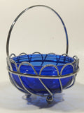 Vintage Cobalt Blue Glass Bowl in Silver Tone Metal Basket
