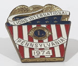 Vintage 1974 Lions Club International Pennsylvania Bald Eagle on Top of American Flag Banner Themed 7/8" x 1 1/8" Enamel Metal Lapel Pin