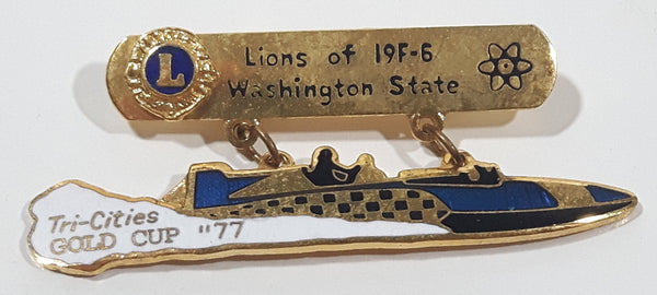 Rare Vintage Lions Club of 19F-6 Washington State Tri-Cities Atomic Cup Speedboat Themed 3/4" x 2" Enamel Metal Lapel Pin