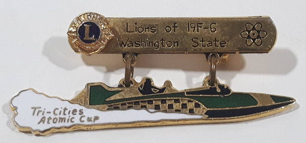 Rare Vintage Lions Club of 19F-6 Washington State Tri-Cities Atomic Cup Speedboat Themed 3/4" x 2" Enamel Metal Lapel Pin