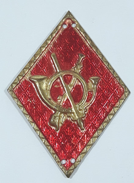 Vintage Spanish Army Infantry French Horn Bugle Sword and Musket Rifle Gun Red Diamond Shape 1 3/8" x 1 7/8" Gold Tone Metal Badge Insignia