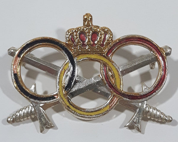 Vintage Belgium Army Three Ring Crossed Sword and Crown Military Sports Badge 1 3/8" x 2" Enamel Metal Hat Cap Shoulder Badge Insignia