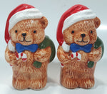 Vintage Brown Teddy Bear in Santa Claus Hat with Candy Cane Christmas Themed 4 1/4" Tall Ceramic Salt and Pepper Shaker Set