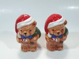 Vintage Brown Teddy Bear in Santa Claus Hat with Candy Cane Christmas Themed 4 1/4" Tall Ceramic Salt and Pepper Shaker Set