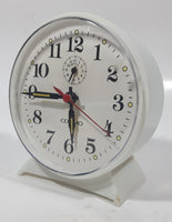 Vintage Cosmo White Plastic 4 1/2" Tall Wind Up Alarm Clock with Glow In The Dark Hands