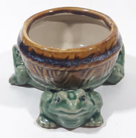 Vintage Three Green Frog 4 1/2" Wide Glazed Brown Pottery Bowl Planter