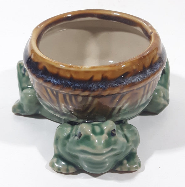 Vintage Three Green Frog 4 1/2" Wide Glazed Brown Pottery Bowl Planter