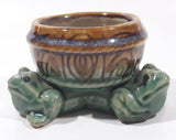 Vintage Three Green Frog 4 1/2" Wide Glazed Brown Pottery Bowl Planter