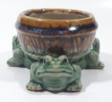Vintage Three Green Frog 4 1/2" Wide Glazed Brown Pottery Bowl Planter
