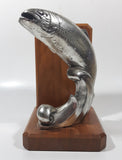 Vintage Jumping Salmon or Trout Fish 6 1/2" Tall Metal and Wood Bookend