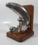 Vintage Jumping Salmon or Trout Fish 6 1/2" Tall Metal and Wood Bookend