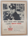 Vintage May 23, 1959 Maclean's Magazine 10 3/8" x 13 3/4" White Rose Gasoline Service Station "The man who knows -sells White Rose" Print Ad On Board Sealed in Plastic
