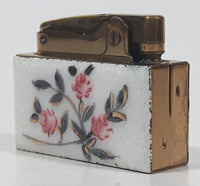 Rare Vintage Pigeon Small Automatic Super Lighter 90041 White Pink Flower Pattern Lighter Made in Japan