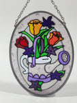 Vintage Water Can and Flower Themed Colorful 3 5/8" x 5" Small Oval Shaped Stained Window Glass Sun Catcher
