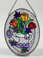 Vintage Water Can and Flower Themed Colorful 3 5/8" x 5" Small Oval Shaped Stained Window Glass Sun Catcher