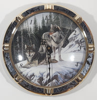 1991 Terry McLean Wolf Themed Painting 11 1/2" Round Faux Wood and Plastic Brass Wall Clock