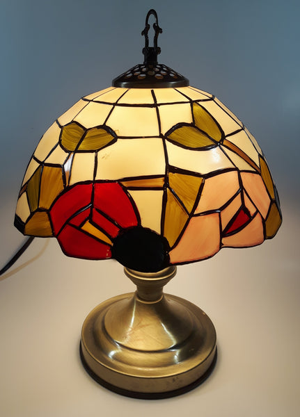 Vintage Plastic Stained Glass Hand Painted Flower Themed 14" Tall Table Lamp Light