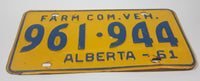 Vintage 1961 Alberta Farm Com. Vehicle Farm Truck Commercial Vehicle Blue Letters Yellow Vehicle License Plate Tag 961 544