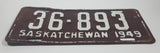 Vintage 1949 Saskatchewan Brown with White Letters Vehicle Farm License Plate Tag 36 893