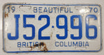 Vintage 1970 Beautiful British Columbia White with Blue Letters Vehicle License Plate J52 996