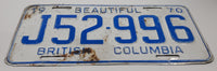 Vintage 1970 Beautiful British Columbia White with Blue Letters Vehicle License Plate J52 996