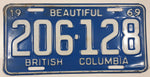 1969 Beautiful British Columbia Light Blue with White Letters Vehicle License Plate Tag 206 128