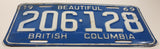 1969 Beautiful British Columbia Light Blue with White Letters Vehicle License Plate Tag 206 128