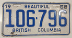 1968 Beautiful British Columbia White with Blue Letters Vehicle License Plate 106 796