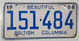 1968 Beautiful British Columbia White with Blue Letters Vehicle License Plate 151 484