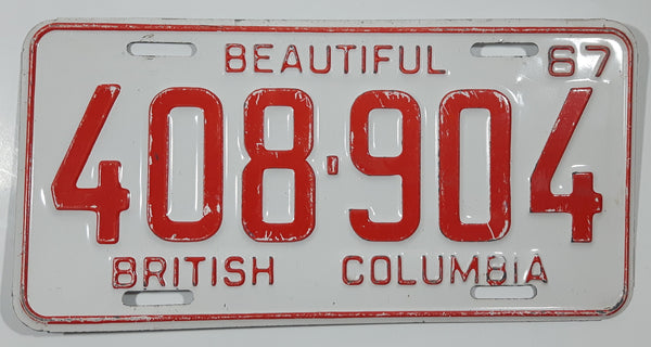 Vintage 1967 Beautiful British Columbia Red Letter White Vehicle Automobile License Plate Tag 408 904