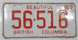 Vintage 1967 Beautiful British Columbia Red Letter White Vehicle Automobile License Plate Tag 56 516
