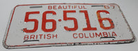 Vintage 1967 Beautiful British Columbia Red Letter White Vehicle Automobile License Plate Tag 56 516