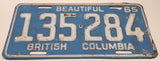 Vintage 1965 Beautiful British Columbia White Letter Light Blue Vehicle Automobile License Plate Tag 135 284