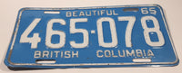 Vintage 1965 Beautiful British Columbia White Letter Light Blue Vehicle Automobile License Plate Tag 465 078