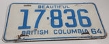 1964 Beautiful British Columbia White with Light Blue Letters Vehicle License Plate 17 836