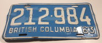 1963 Beautiful British Columbia Light Blue with White Letters Vehicle License Plate 212 984